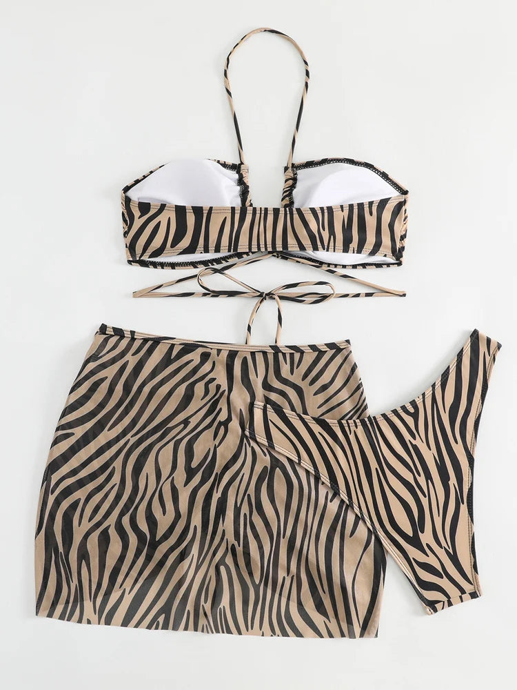 Vigorashely 2025 Sexy Leopard 3 Piece Mesh Skirt Bikini Set Women Swimsuit Halter Push UP Swimwear Backless Summer Bathing Suit