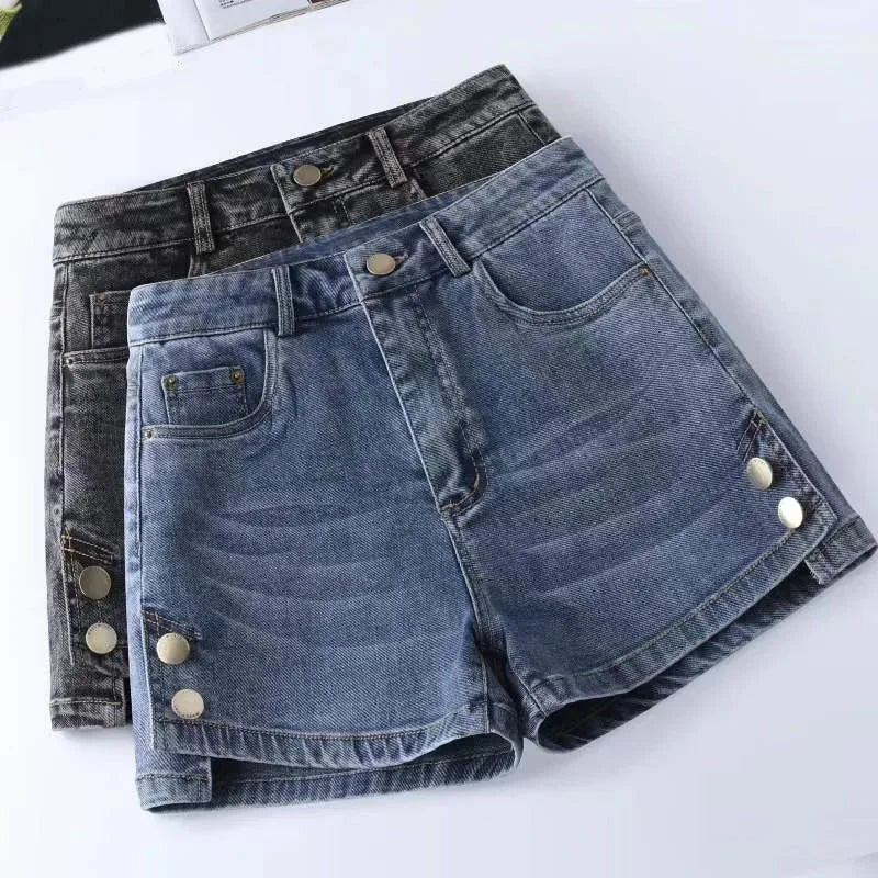 Women High Waisted Denim Shorts Versatile Chic Button Design Hot Short Jeans Woman Streetwear A-Line Wide Leg Cowboy Shorts
