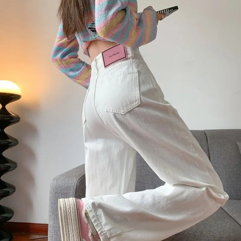 White High Waist Wide Leg Jeans Women's Loose