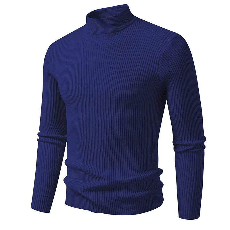 Slim Fit Men's Knitted Sweater Half High Collar Solid Color Base Layer