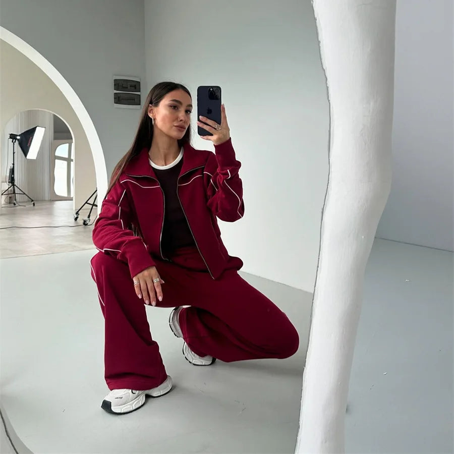 European And American Casual Suit Long-sleeved Zipper Cardigan Loose Striped Sweatshirt Elastic Wide-leg Pants Two-piece Set