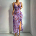 Women's Butterfly Print Maxi Dress - Slim Fit Slit Evening Lounge Dress