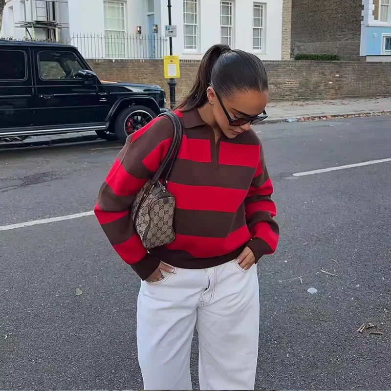 Women`s Striped Polo Neck Knitted Sweater - Casual Oversized Pullover