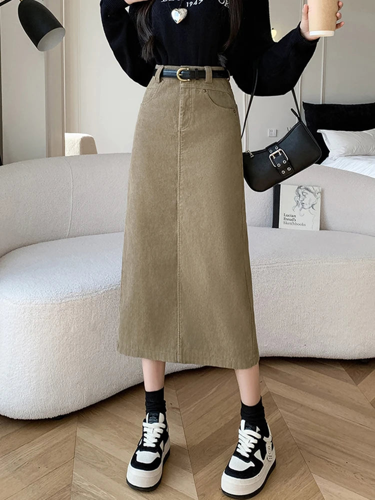 Winter Corduroy Women's Long Skirt Woman Vintage High Waist Wrap Cargo Bodycon Skirts With Belt A-line Black Brown Faldas Largas
