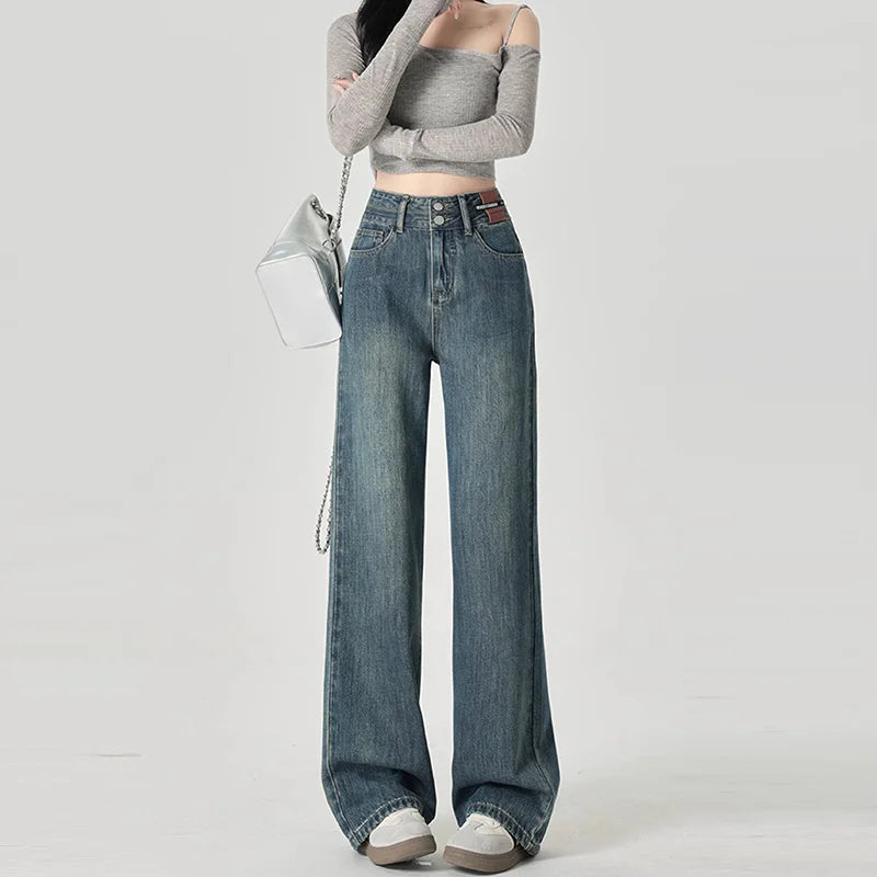 Women's High-Waisted Wide-Leg Jeans with Double-Button Closure