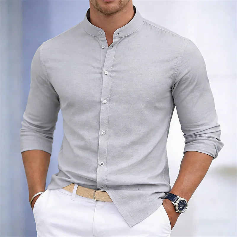 Men's Stand-Up Collar Long-Sleeve Shirt - Slim Fit Casual Business Shirt