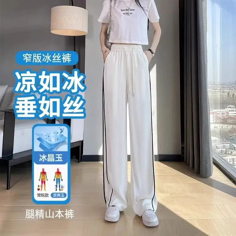 Quick-drying Breathable Ice Silk Wide-leg Women 2025 Summer Thin New Straight-drum Casual Loose White Sports Pants