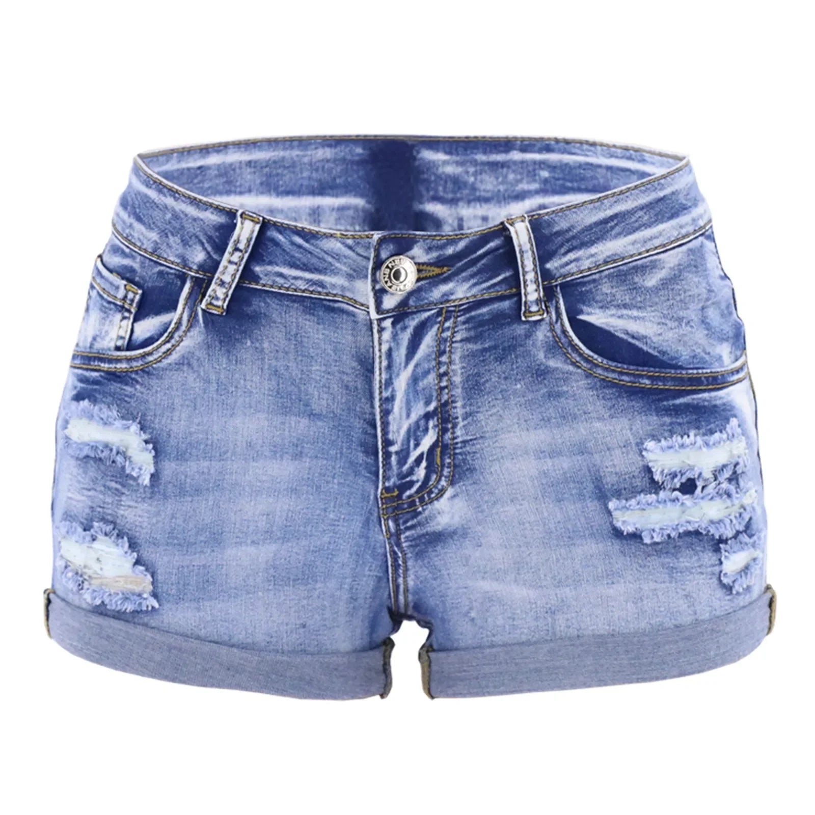 Women's Mid-Waist Distressed Denim Shorts – Summer Beach Curled Cuff Shorts