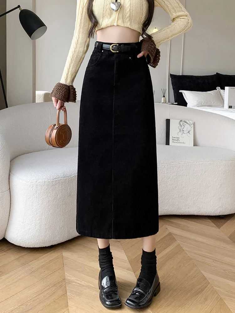 Winter Corduroy Women's Long Skirt Woman Vintage High Waist Wrap Cargo Bodycon Skirts With Belt A-line Black Brown Faldas Largas