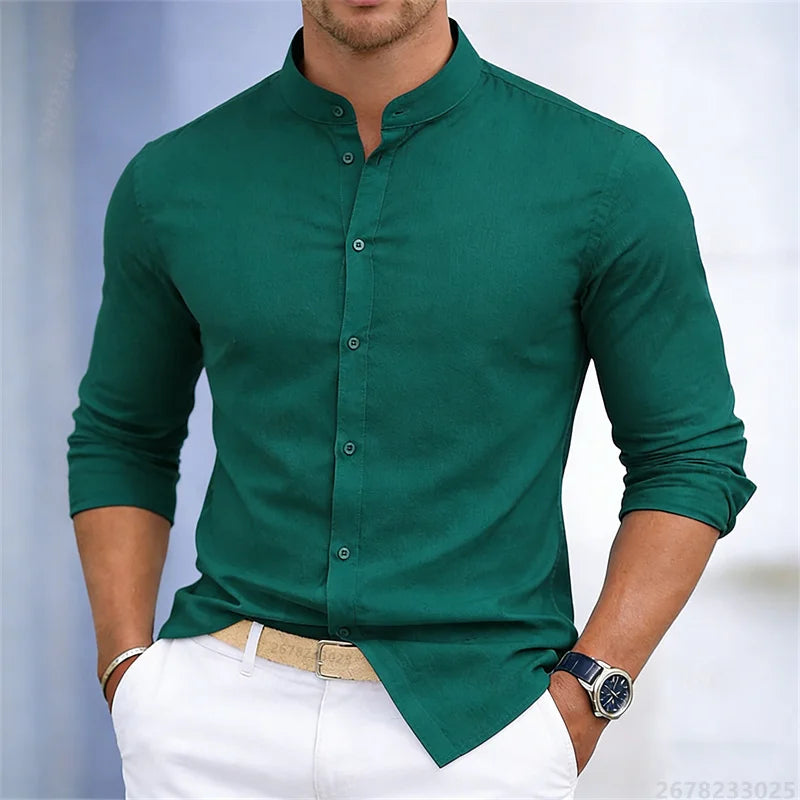 Men's Stand-Up Collar Long-Sleeve Shirt - Slim Fit Casual Business Shirt