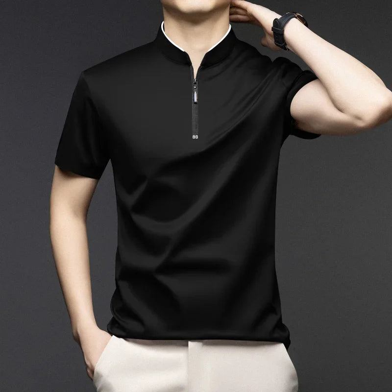 Men's Casual Zipper Polo Shirt - Slim Fit Short Sleeve Stand Collar Polo