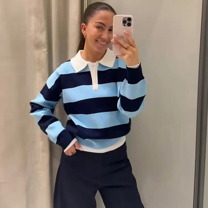 Women`s Striped Polo Neck Knitted Sweater - Casual Oversized Pullover