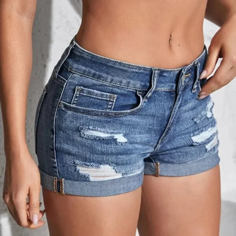 Women's Mid-Waist Distressed Denim Shorts – Summer Beach Curled Cuff Shorts