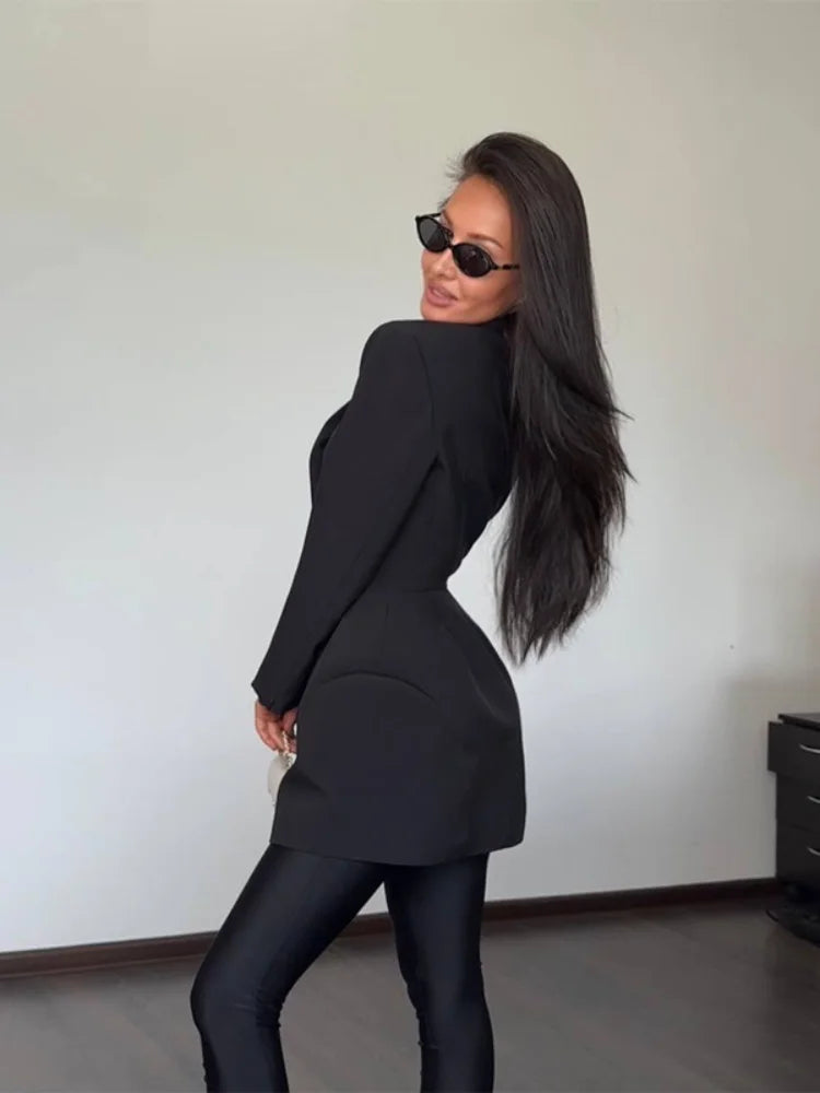 Waist Cinching Suit Jacket Women Elegant V-neck Full Sleeve Single Button Shoulder Pad Slim Coat Fashion Lady Commute Jackets