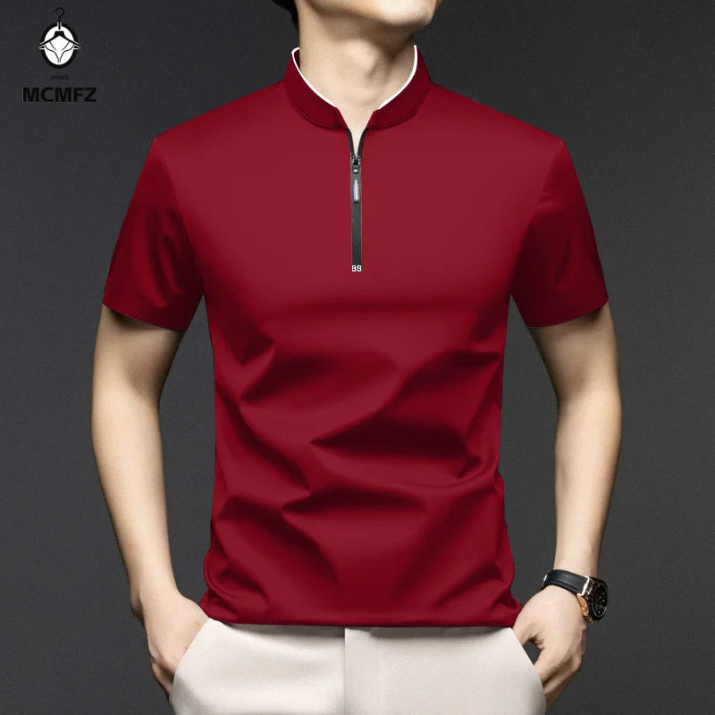 Men's Casual Zipper Polo Shirt - Slim Fit Short Sleeve Stand Collar Polo