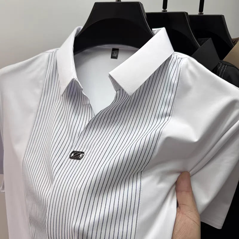 Men's Patchwork Stripe Polo Shirt - Casual Short Sleeve Fashion Polo