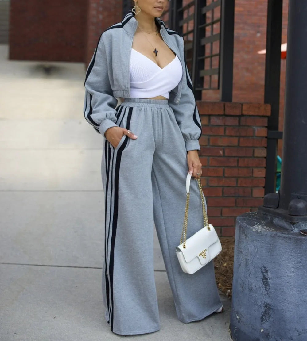 Women Wide Leg Pants Suit 2 Piece Sets Striped Jacket Floor Length Trouser Tracksuit Single Breasted 2025 Autumn Casual Ensemble