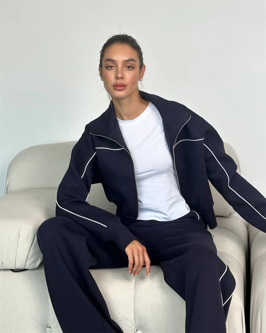 European And American Casual Suit Long-sleeved Zipper Cardigan Loose Striped Sweatshirt Elastic Wide-leg Pants Two-piece Set