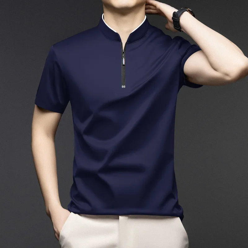 Men's Casual Zipper Polo Shirt - Slim Fit Short Sleeve Stand Collar Polo