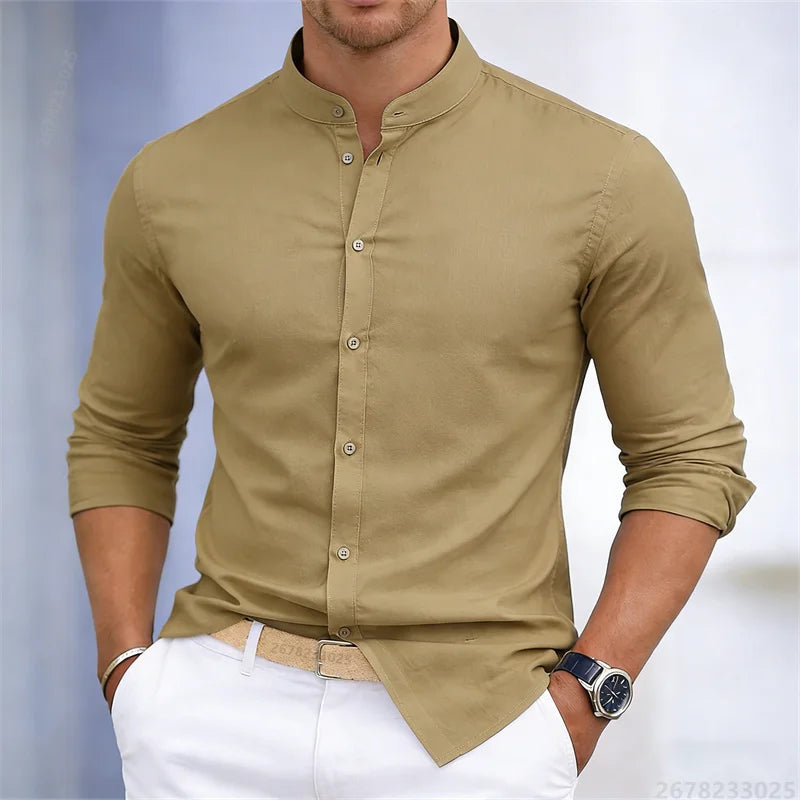 Men's Stand-Up Collar Long-Sleeve Shirt - Slim Fit Casual Business Shirt