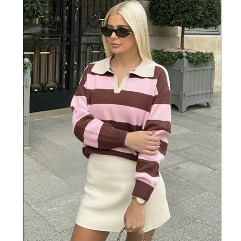 Women`s Striped Polo Neck Knitted Sweater - Casual Oversized Pullover