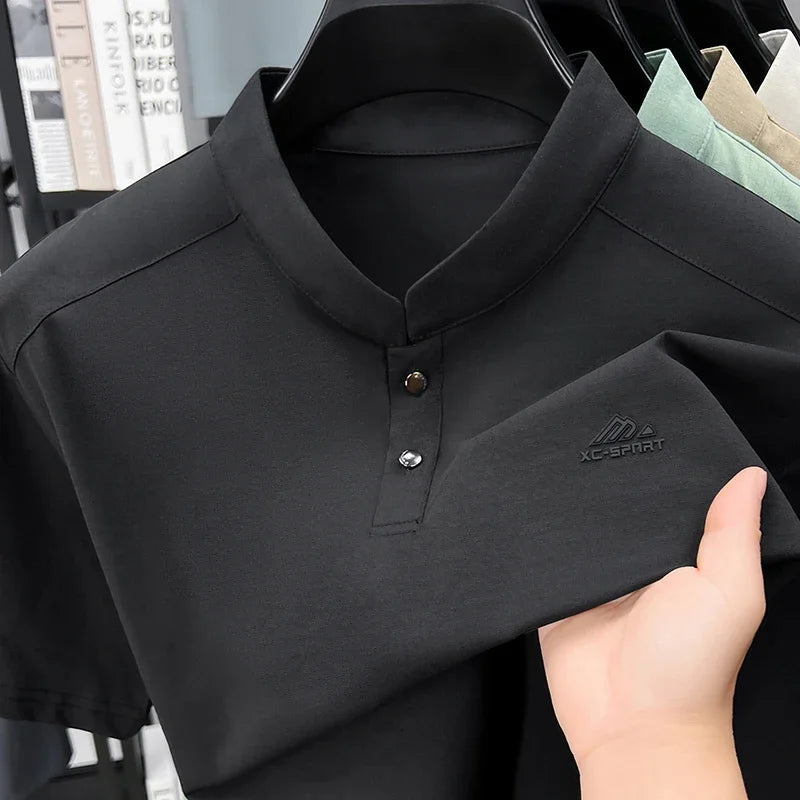 Mens Mandarin Collar Sport Polo Shirt Short Sleeve Casual Tops With Two Button Neck Comfortable Breathable Mesh Tees For Men