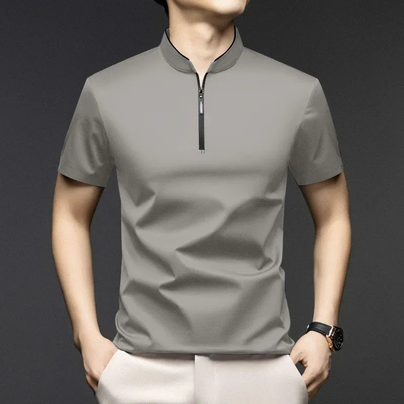 Men's Casual Zipper Polo Shirt - Slim Fit Short Sleeve Stand Collar Polo