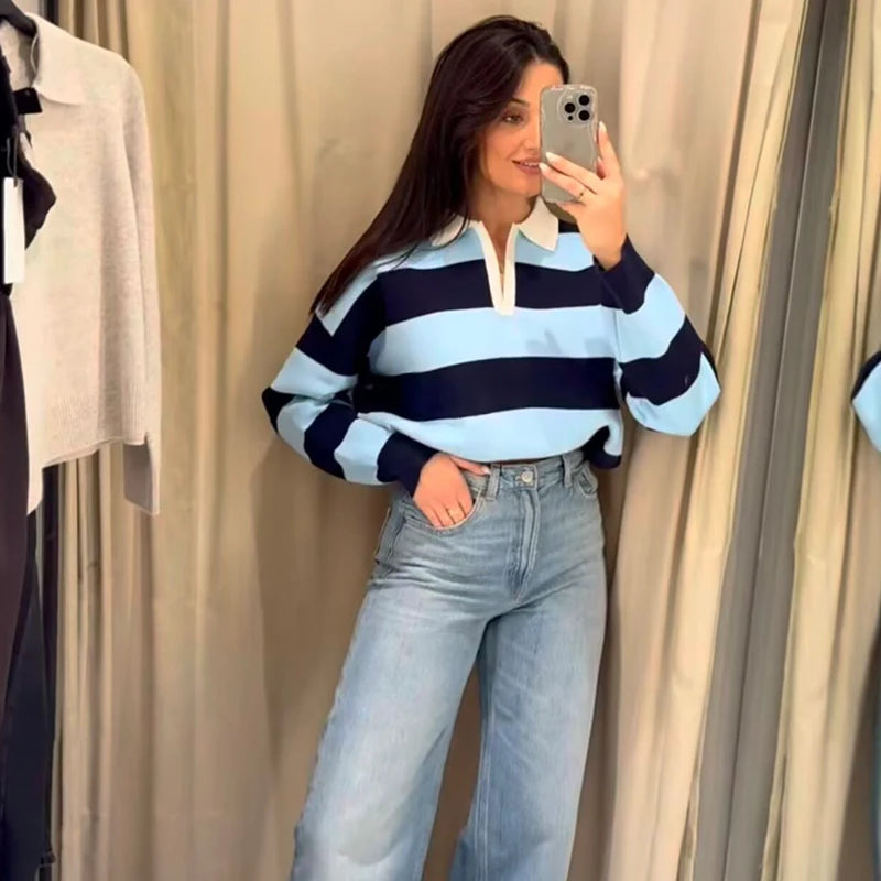 Women`s Striped Polo Neck Knitted Sweater - Casual Oversized Pullover