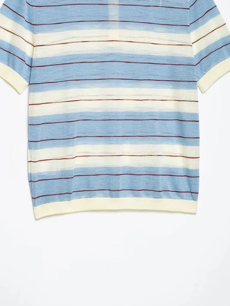 Chic Striped Polo Short-Sleeve Knitwear
