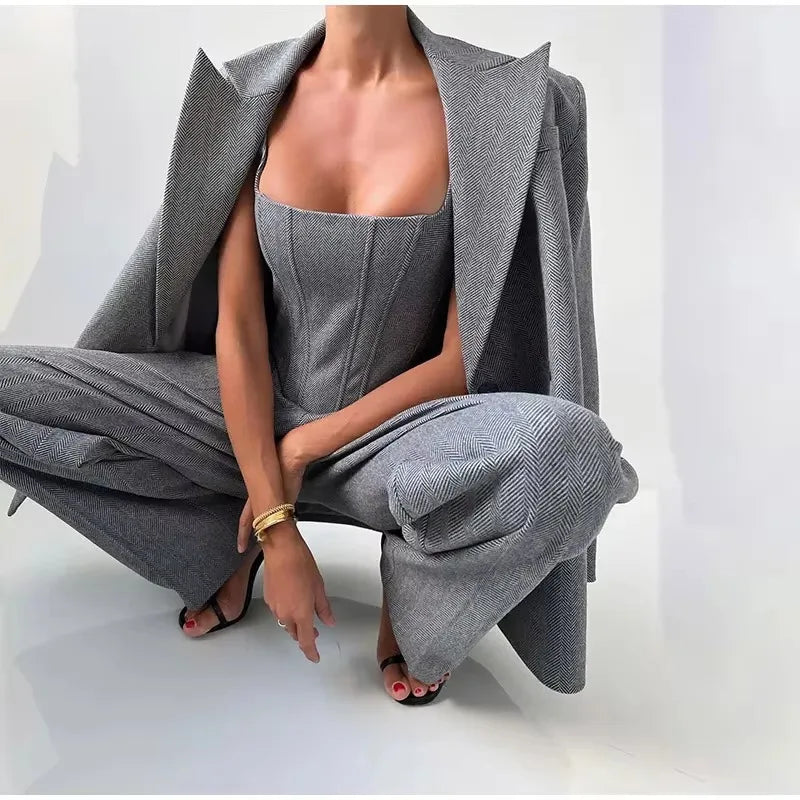 Fishbone Top Blazer Pants Sets 3 Pieces For Women Solid One Button Jacket Crop Tops High Waist Pocket Pant Lady Office Set