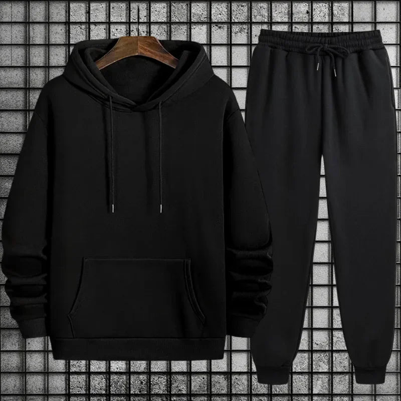 Autumn Winter Solid Color Hoodie and Sweatpants Men's Tracksuit Urban Casual Fashion Sportswear Male Daily Training Jogging Suit