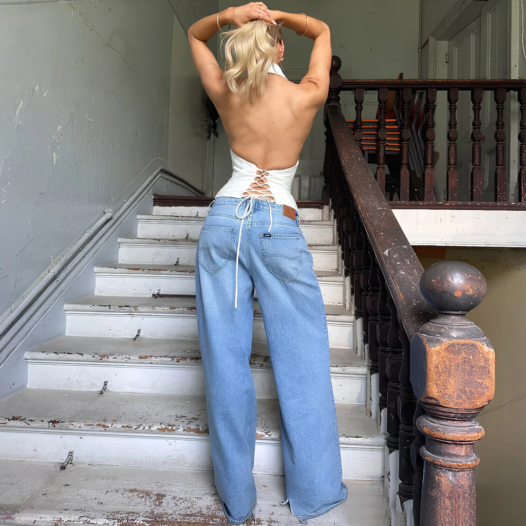 Stylish Halter Crop Tops Ruched Chest Lapel V-neck Backless Lace Up Tight-fitting Summer Clothes Tank top