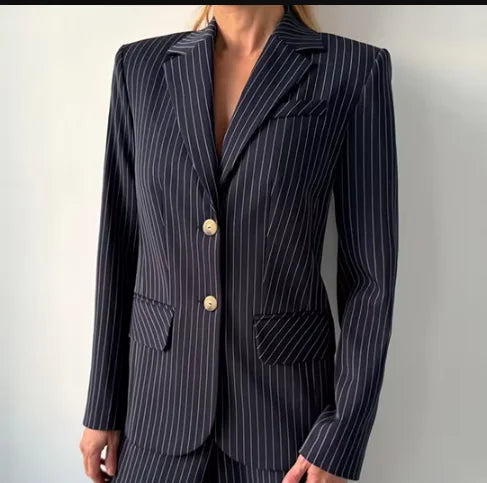Backless Tie Waist Pinstripe Blazer Set Women 2 Pieces Lapel Button Down Blazer With High Waist Wide Leg Pants Office Suit