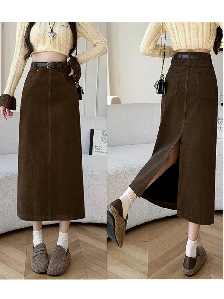 Winter Corduroy Women's Long Skirt Woman Vintage High Waist Wrap Cargo Bodycon Skirts With Belt A-line Black Brown Faldas Largas