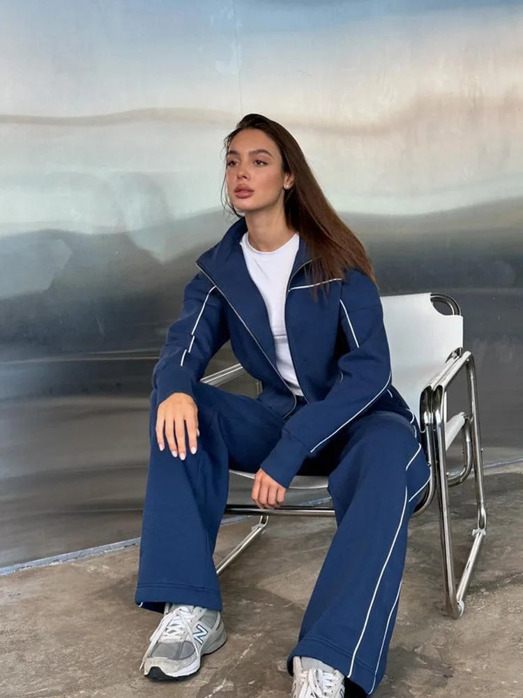 European And American Casual Suit Long-sleeved Zipper Cardigan Loose Striped Sweatshirt Elastic Wide-leg Pants Two-piece Set