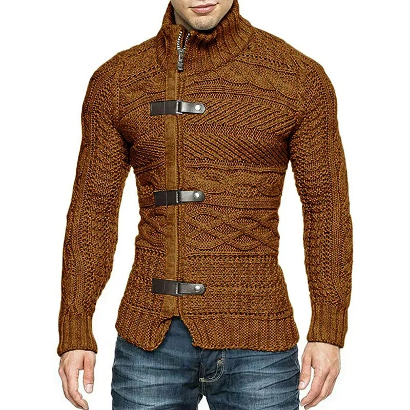 Men’s High-Neck Leather Buckle Knitted Cardigan Sweater