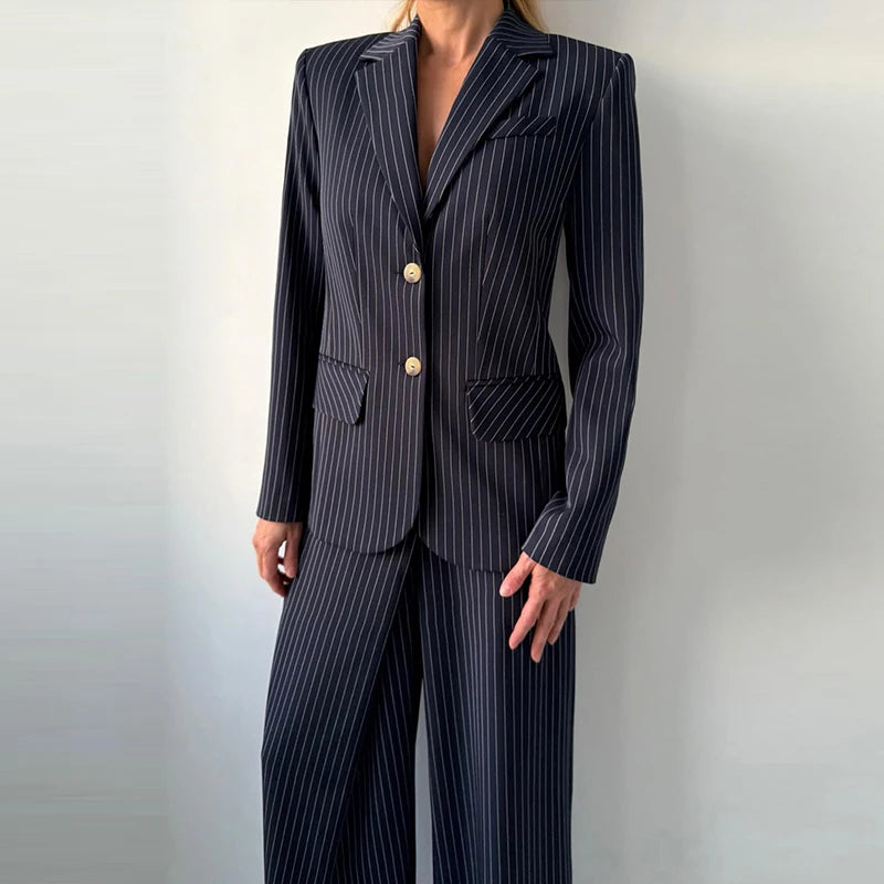 Backless Tie Waist Pinstripe Blazer Set Women 2 Pieces Lapel Button Down Blazer With High Waist Wide Leg Pants Office Suit