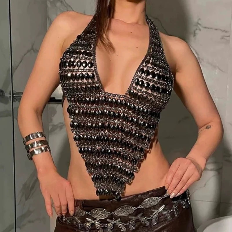 Luxury Rhinestone Chainmail Halter Top – Metallic Open Back Party Top
