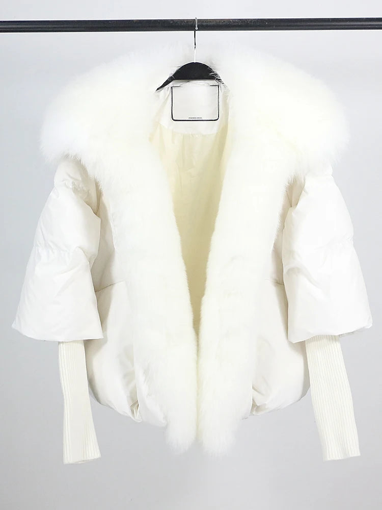 Loose Natural Real Fox Fur Collar Coat Thick New European Fashion White Duck Down Jacket Winter Women Warm Luxury Outerwear