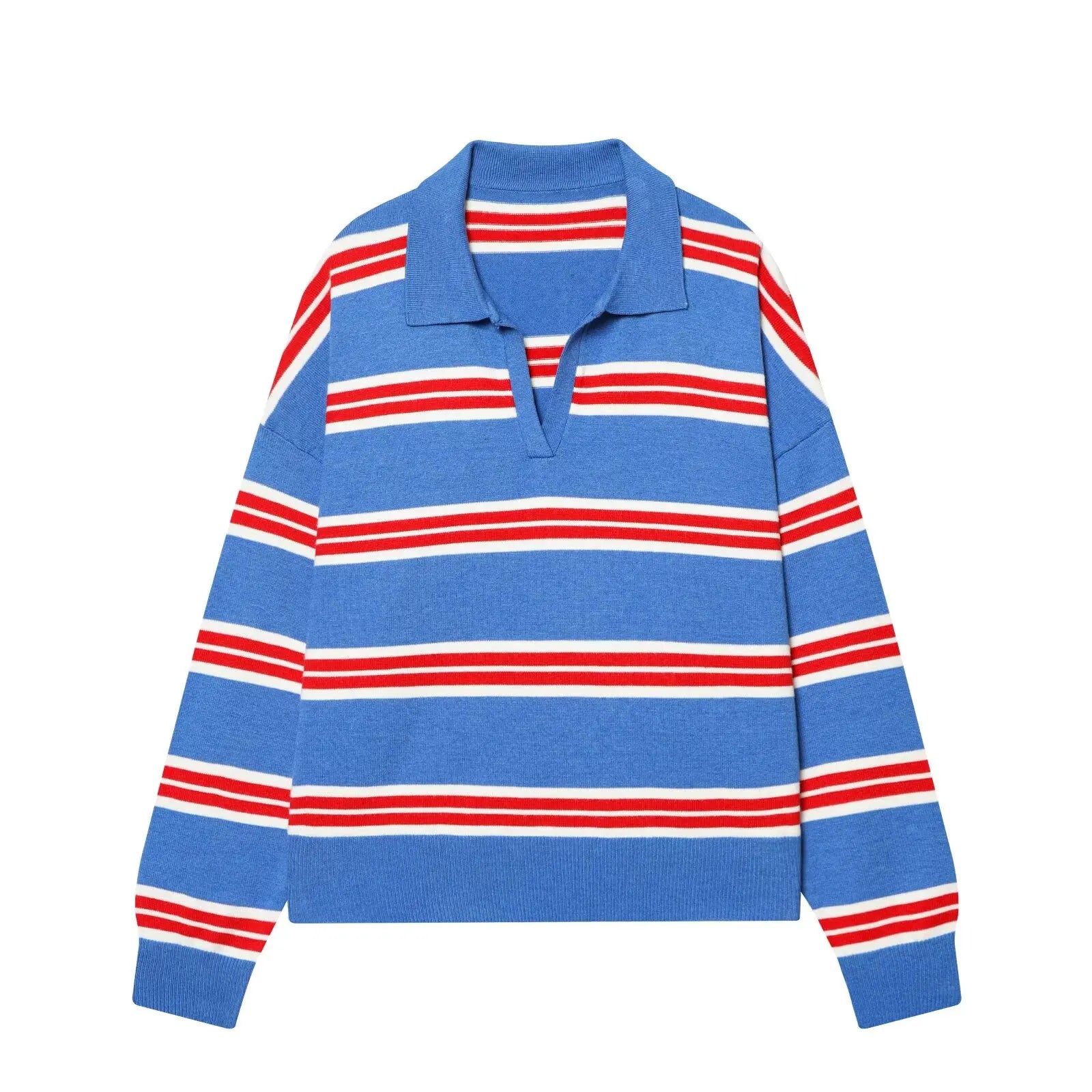Women`s Striped Polo Neck Knitted Sweater - Casual Oversized Pullover