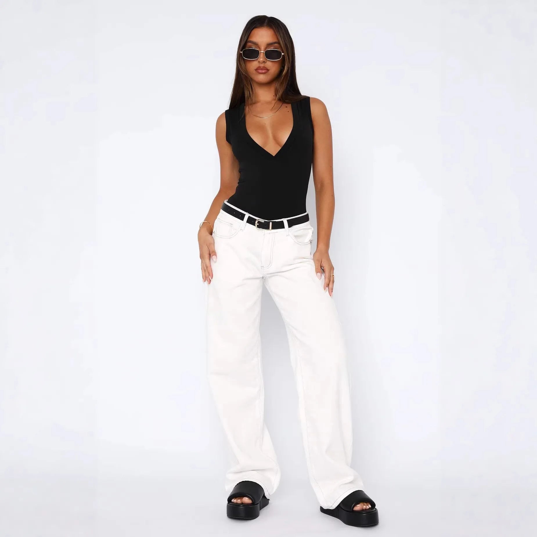 Straight Leg Retro Ladies Jeans Long Pants Comfortable Casual