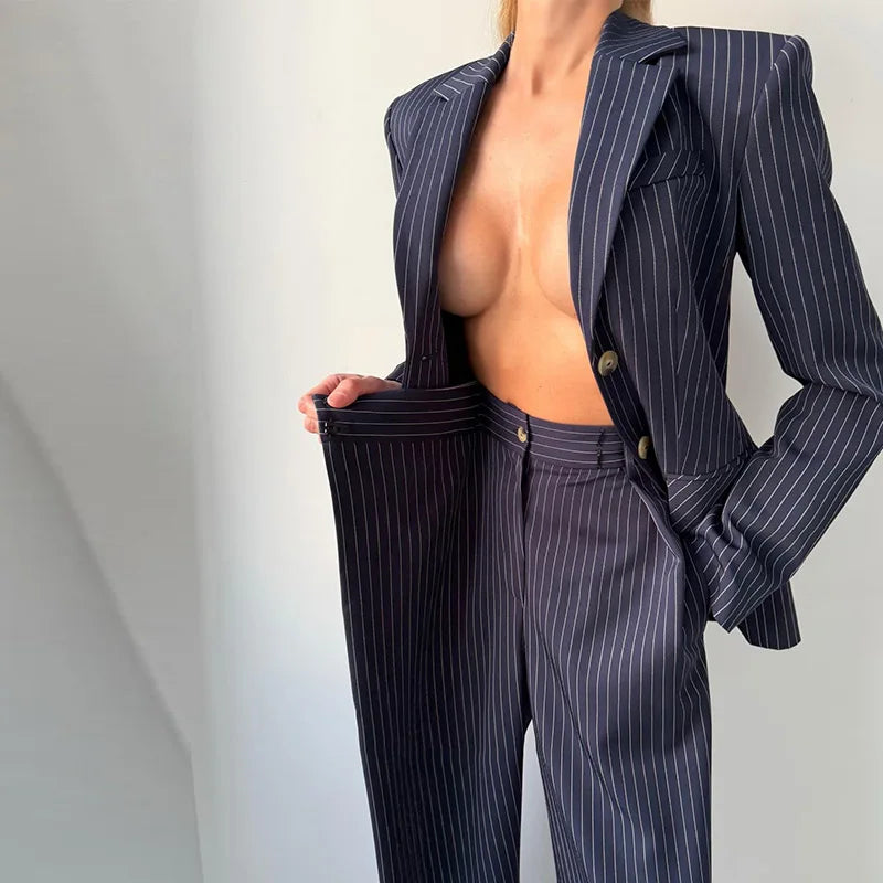 Backless Tie Waist Pinstripe Blazer Set Women 2 Pieces Lapel Button Down Blazer With High Waist Wide Leg Pants Office Suit