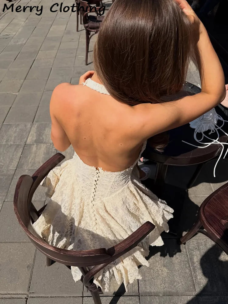 V Neck Halter Lace Mini Skirt Women Fashion Waist Cinched A Line Dress Backless Sleeveless Short Vestidos Summer Lady Dresses