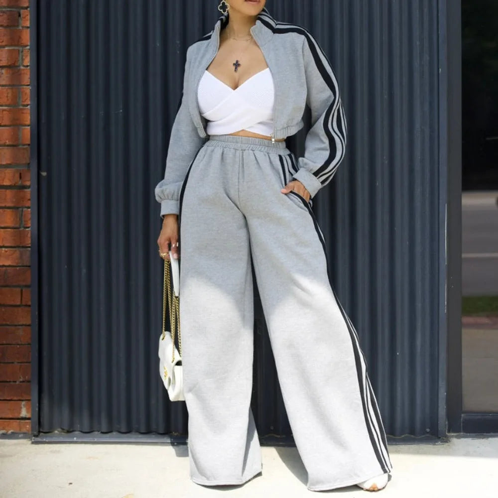 Women Wide Leg Pants Suit 2 Piece Sets Striped Jacket Floor Length Trouser Tracksuit Single Breasted 2025 Autumn Casual Ensemble