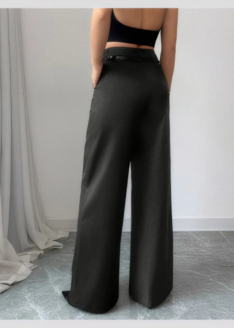 High Waist Solid Pants For Women Casual Belt Wide-leg Trousers Ladies With Pockets Office Wear Pants Pantalones Mujer Summer