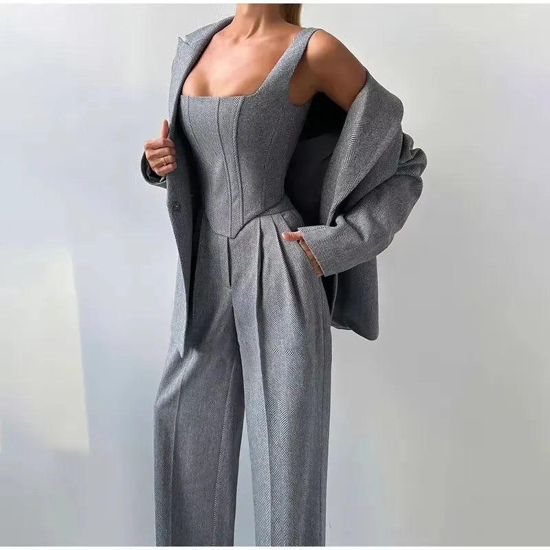 Fishbone Top Blazer Pants Sets 3 Pieces For Women Solid One Button Jacket Crop Tops High Waist Pocket Pant Lady Office Set