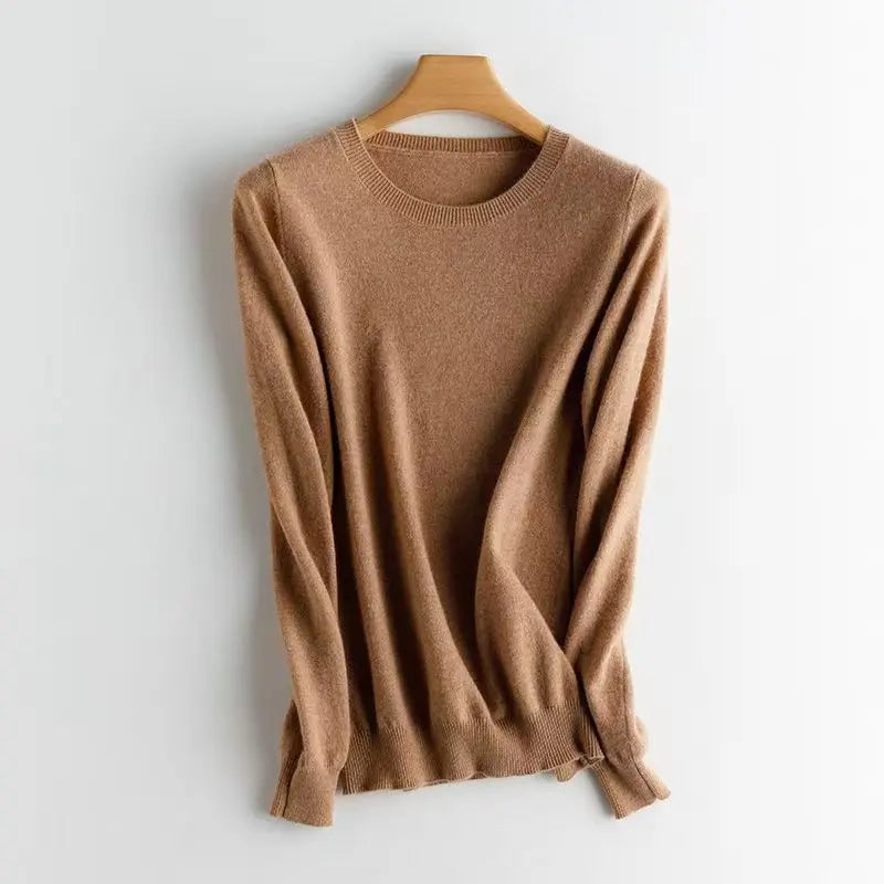 Women's 100% Wool Sweater Style Loose Fitting Pullover AutumnWinter Long Sleeved Solid Color Knit Jumper Round Neck Top