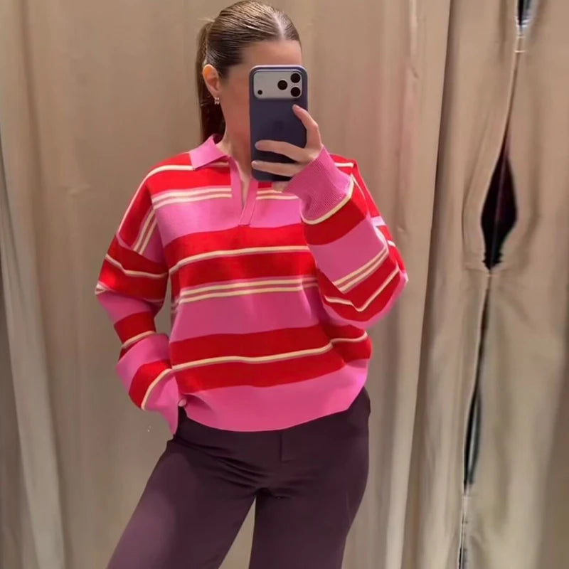 Women`s Striped Polo Neck Knitted Sweater - Casual Oversized Pullover