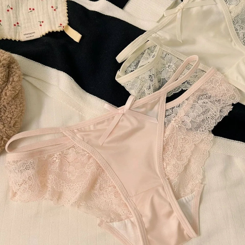 Comfortable Sweet Lace Panties Low Waist Flower Underwear for Women Hollow Cotton Crotch Satin Silk Briefs Female