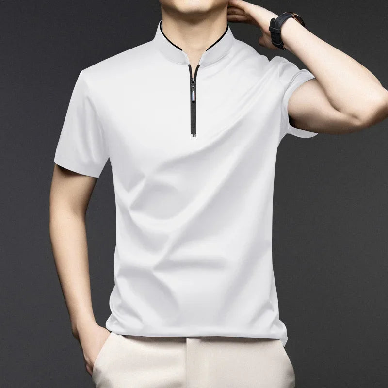 Men's Casual Zipper Polo Shirt - Slim Fit Short Sleeve Stand Collar Polo